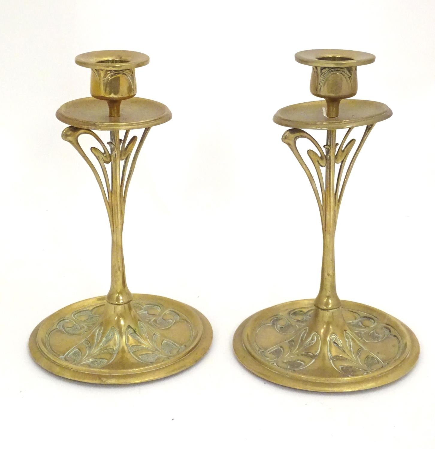 A pair of Art Nouveau brass candlesticks with tendril detail. Approx. 8 1/2" high (2) Please - Image 2 of 6