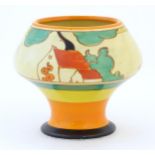 A Clarice Cliff pedestal bowl in the Red Roofs pattern, decorated with stylised flowers. Marked