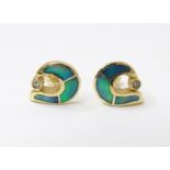 A pair of 14ct gold earrings set with black opal and diamond. Approx. 1/2" long Please Note - we