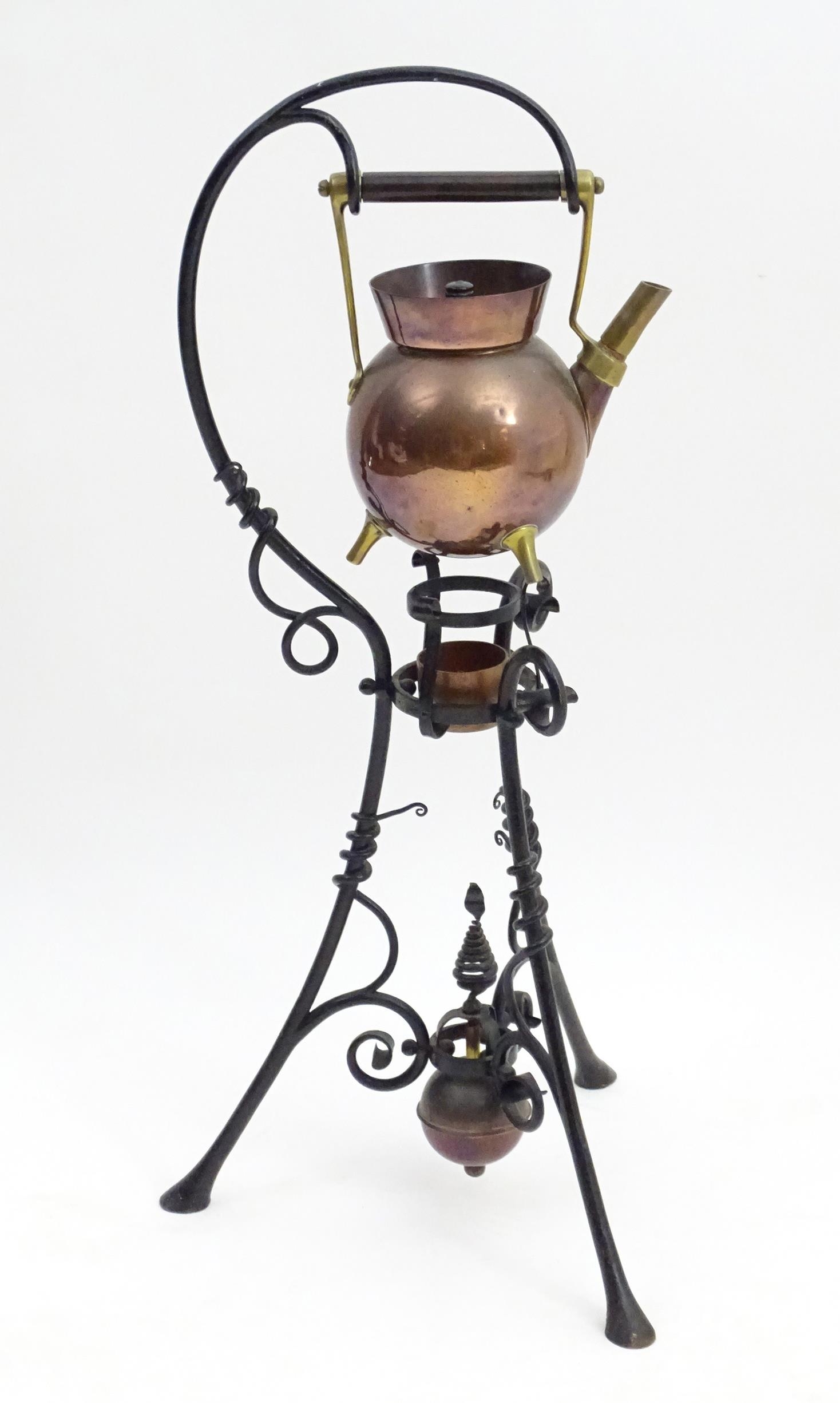 An Arts & Crafts copper and brass spirit kettle on a scrolling wrought iron stand designed by Dr - Image 11 of 20