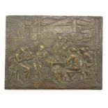 A late 19th / early 20thC cast bronze plaque of rectangular form depicting a tavern scene with men