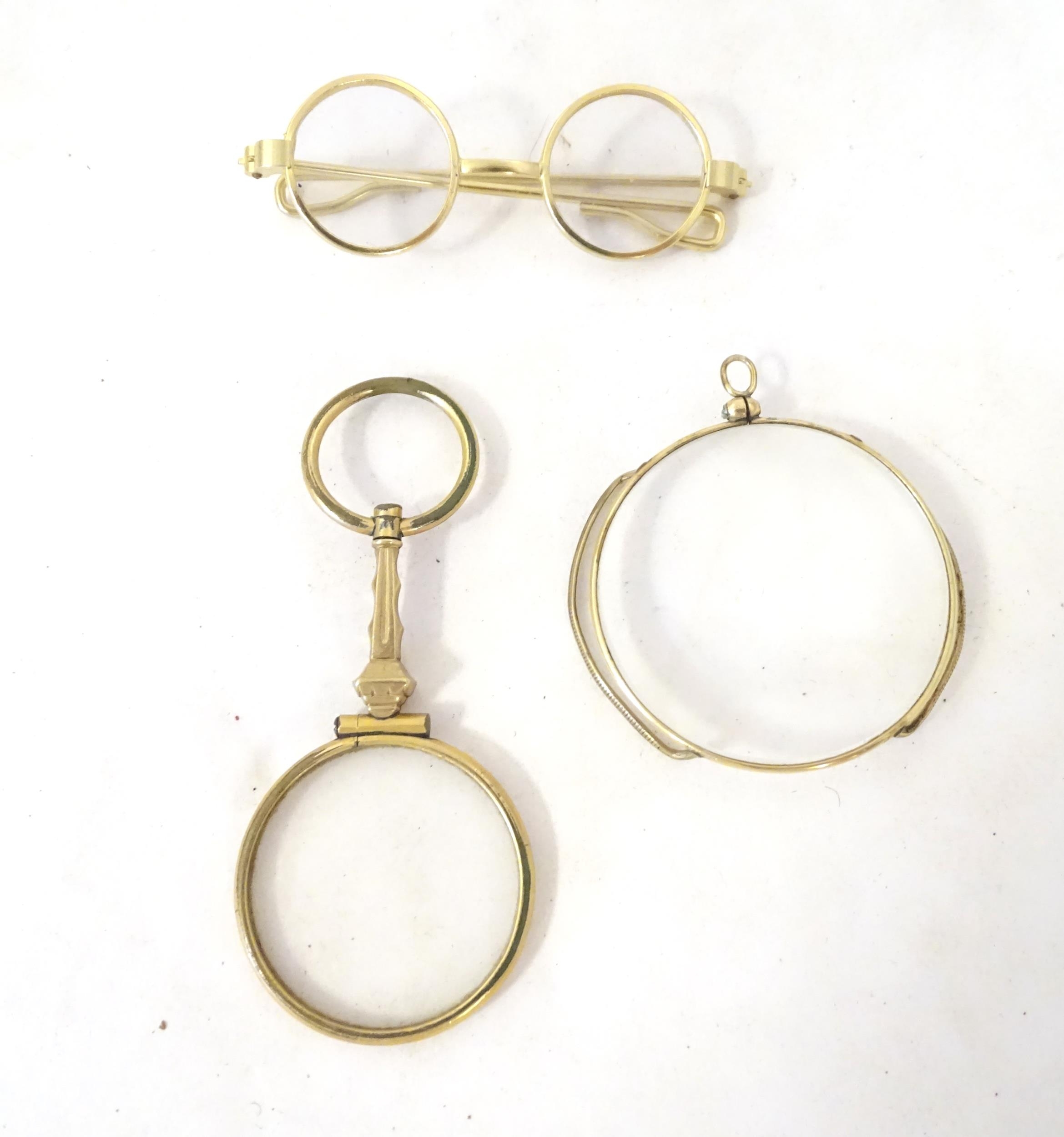A quantity of late 19thC and later yellow metal pince nez, spectacles and monocles, the largest - Image 4 of 9