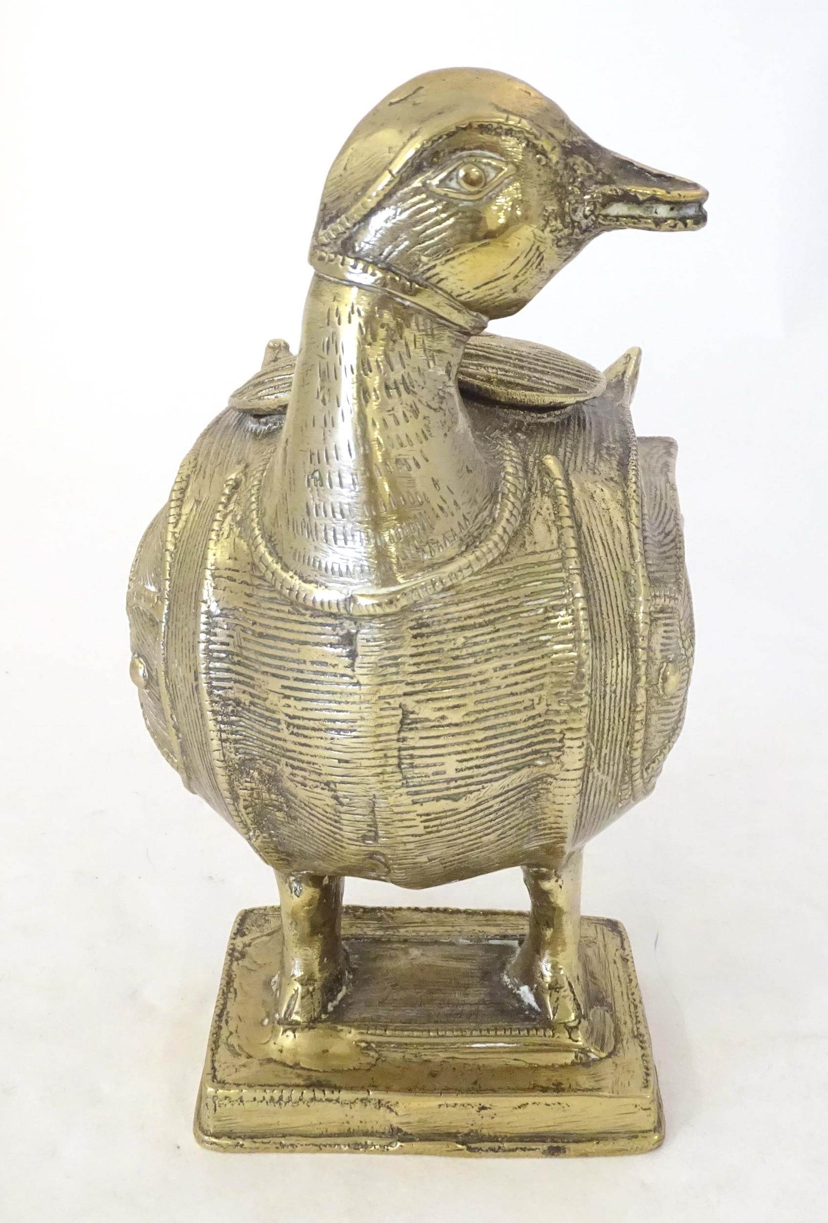 A late 19th / early 20thC Indian brass container modelled as a stylised duck with engraved - Image 3 of 10