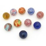 Toys: Ten German glass marbles, six with mica inclusions. Approx. 7/8" diameter (10) Please Note -