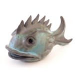 A studio pottery model of a fish by Matthew Tyas. Impressed MT monogram mark under. Approx. 10 1/