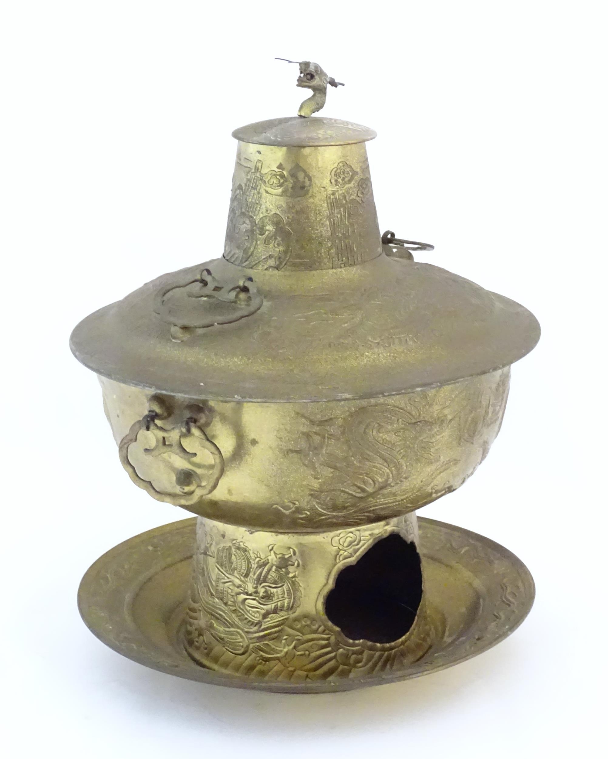 A Chinese cast metal twin handled warming / steaming pot comprising, stand, burner section, bowl, - Image 3 of 8