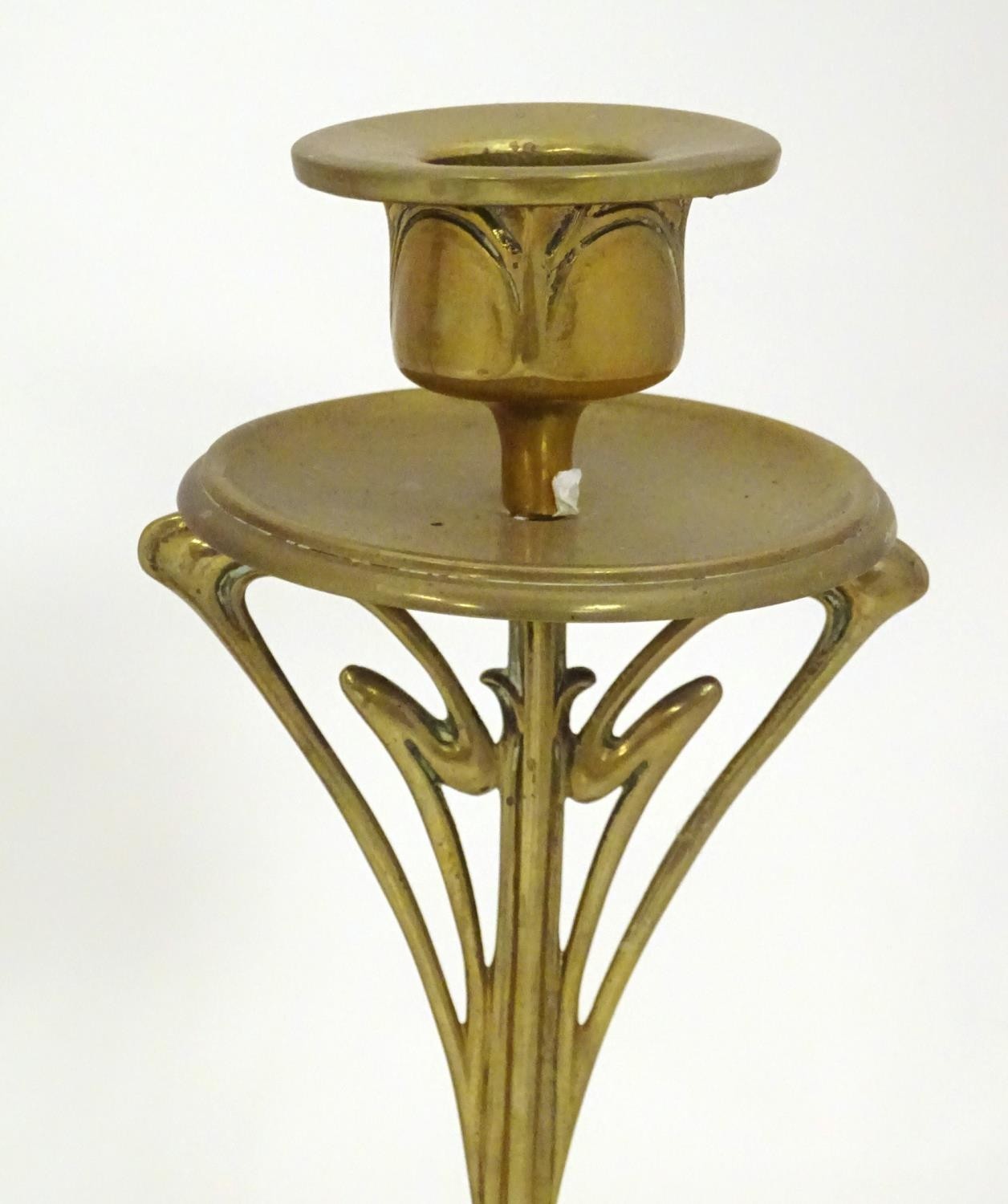 A pair of Art Nouveau brass candlesticks with tendril detail. Approx. 8 1/2" high (2) Please - Image 3 of 6