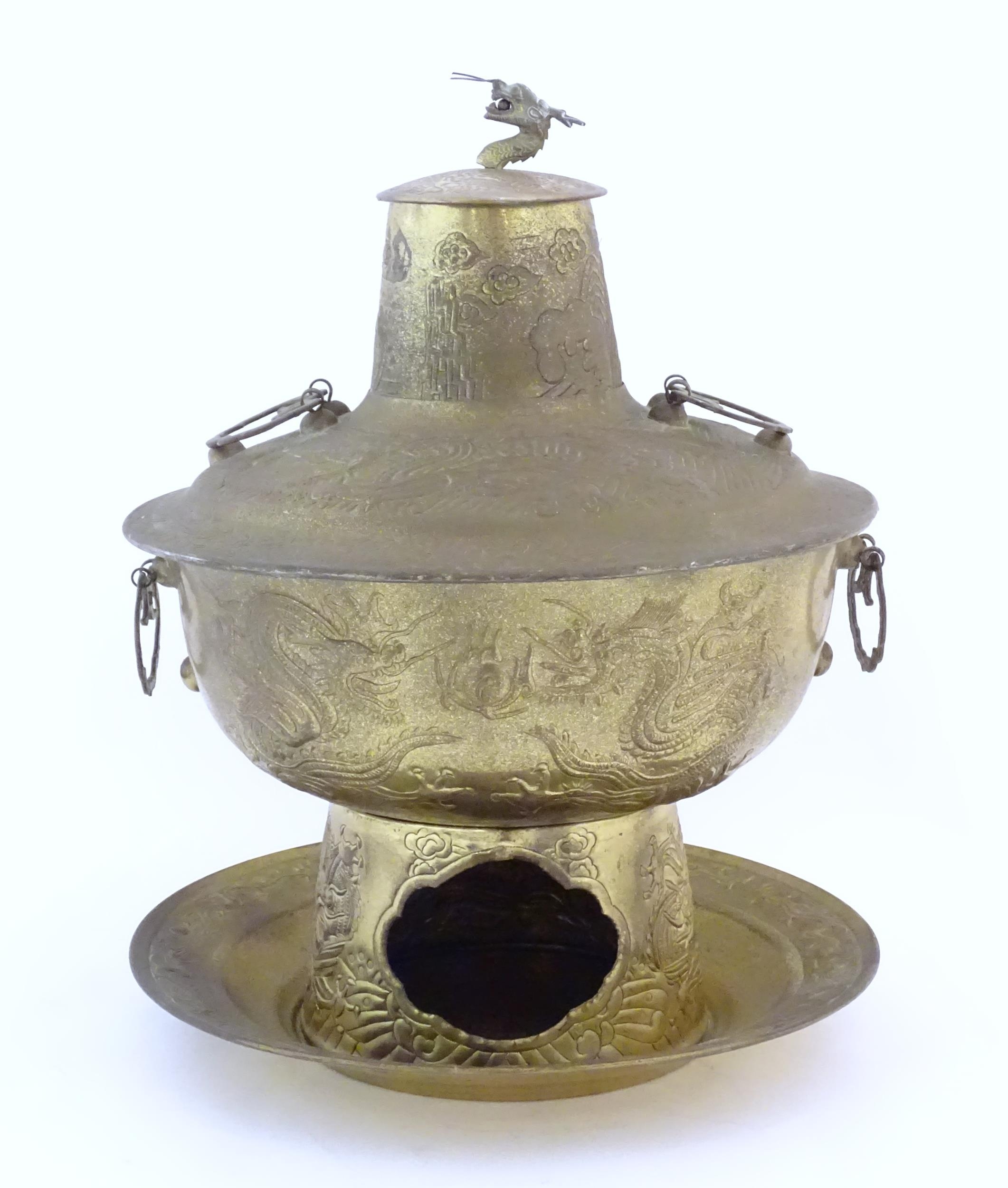 A Chinese cast metal twin handled warming / steaming pot comprising, stand, burner section, bowl, - Image 4 of 8