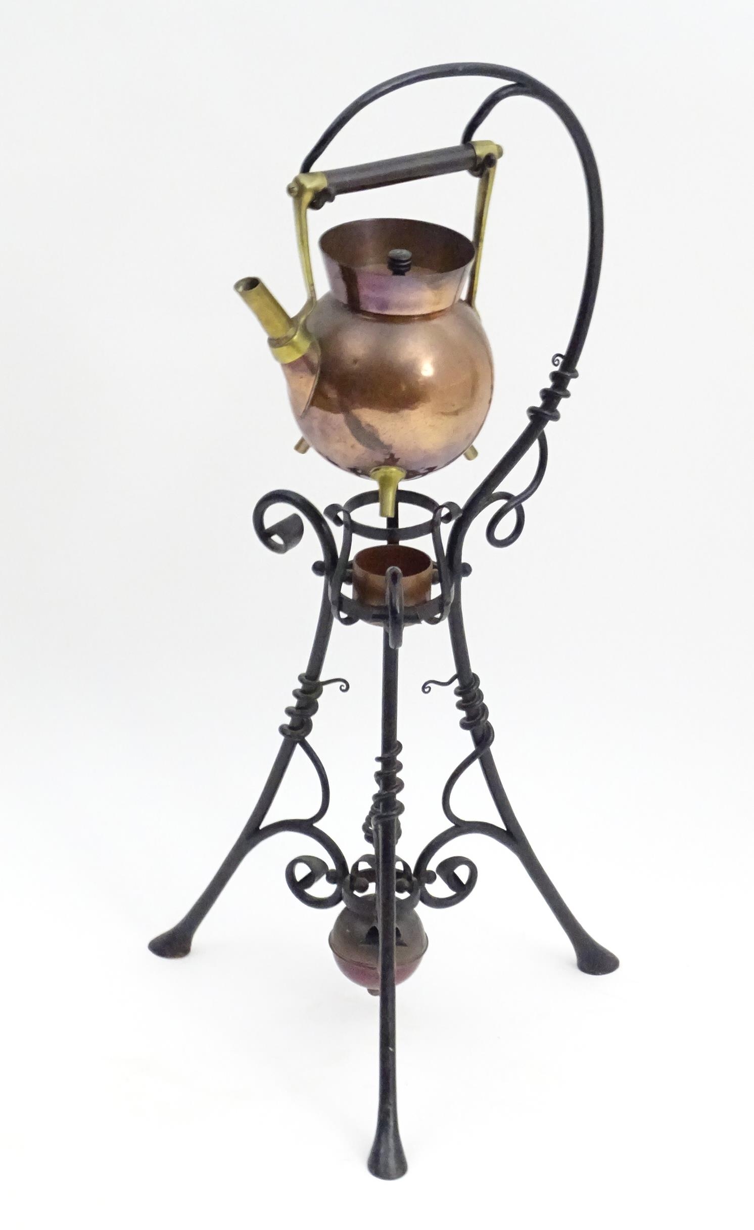 An Arts & Crafts copper and brass spirit kettle on a scrolling wrought iron stand designed by Dr - Image 7 of 20