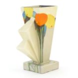 A Clarice Cliff Art Deco angular vase in the Delecia pattern with citrus fruit detail. Marked