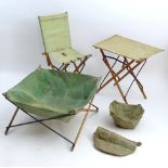 A quantity of mid 20thC canvas camping furniture to include a folding seat, a folding table, etc.