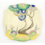 A Clarice Cliff squared plate in the Rhodanthe Viscaria pattern with trees and flowers. Marked under