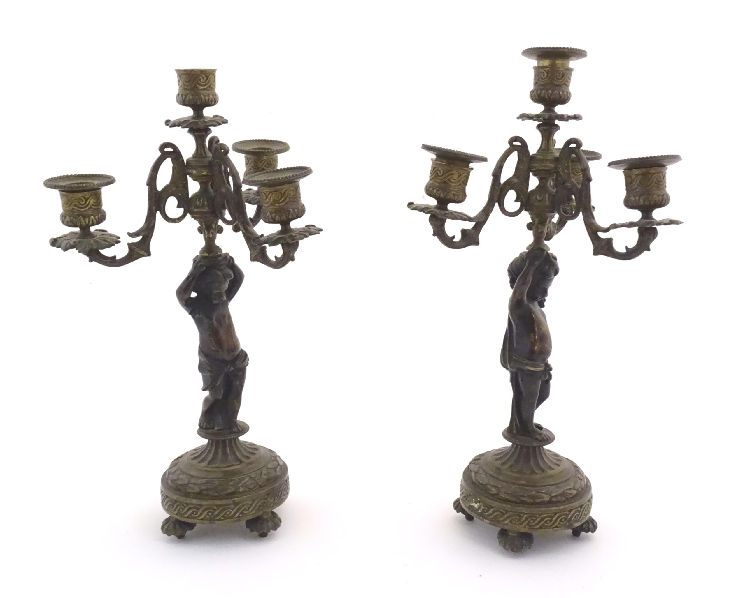 Two 19thC cast metal table candelabra / candelabrum the central bronze columns form as cherubs - Image 5 of 12