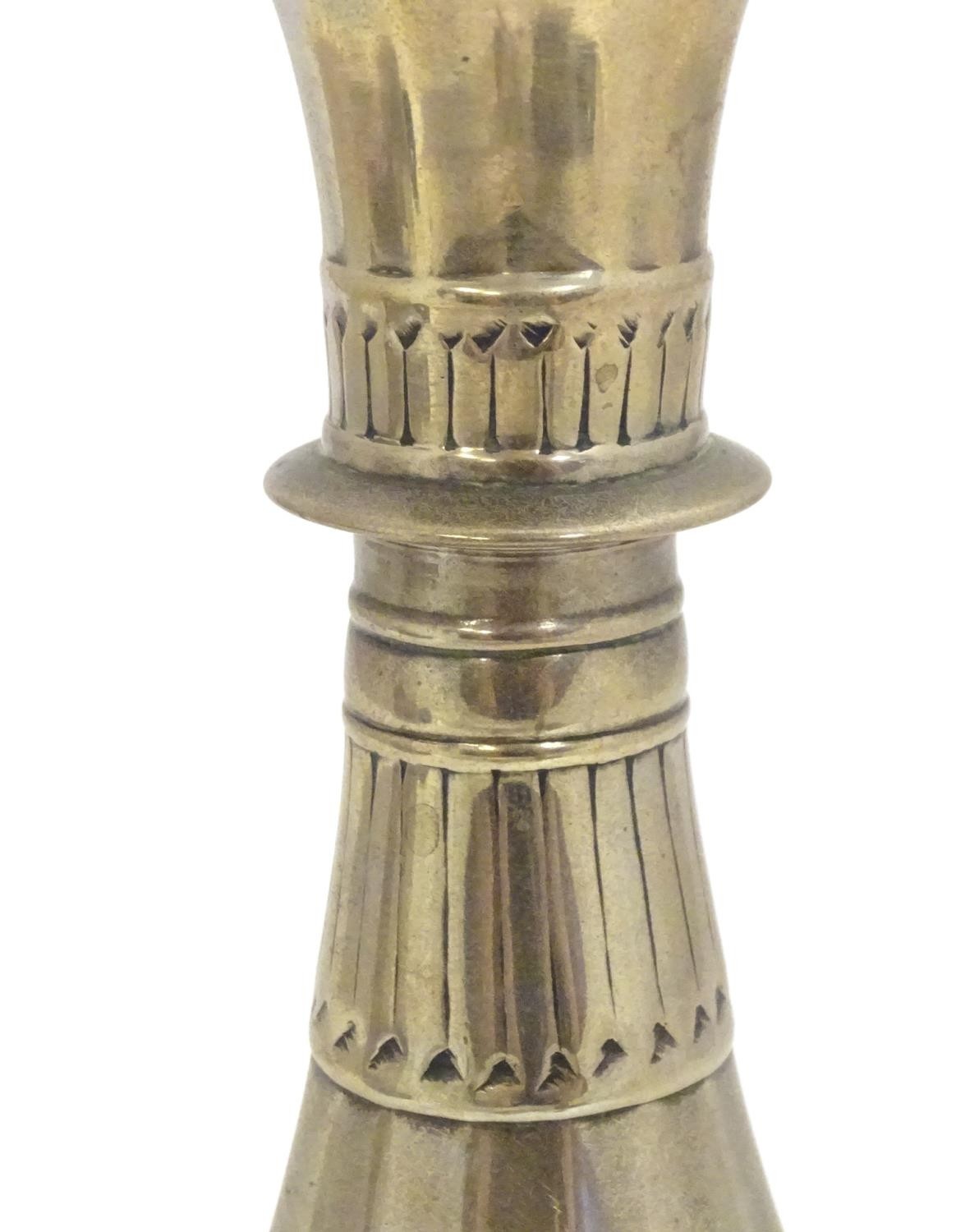 An 18th / 19thC Indian brass vase with engraved banded detail. Approx. 8 1/4" high Please Note - - Image 2 of 7