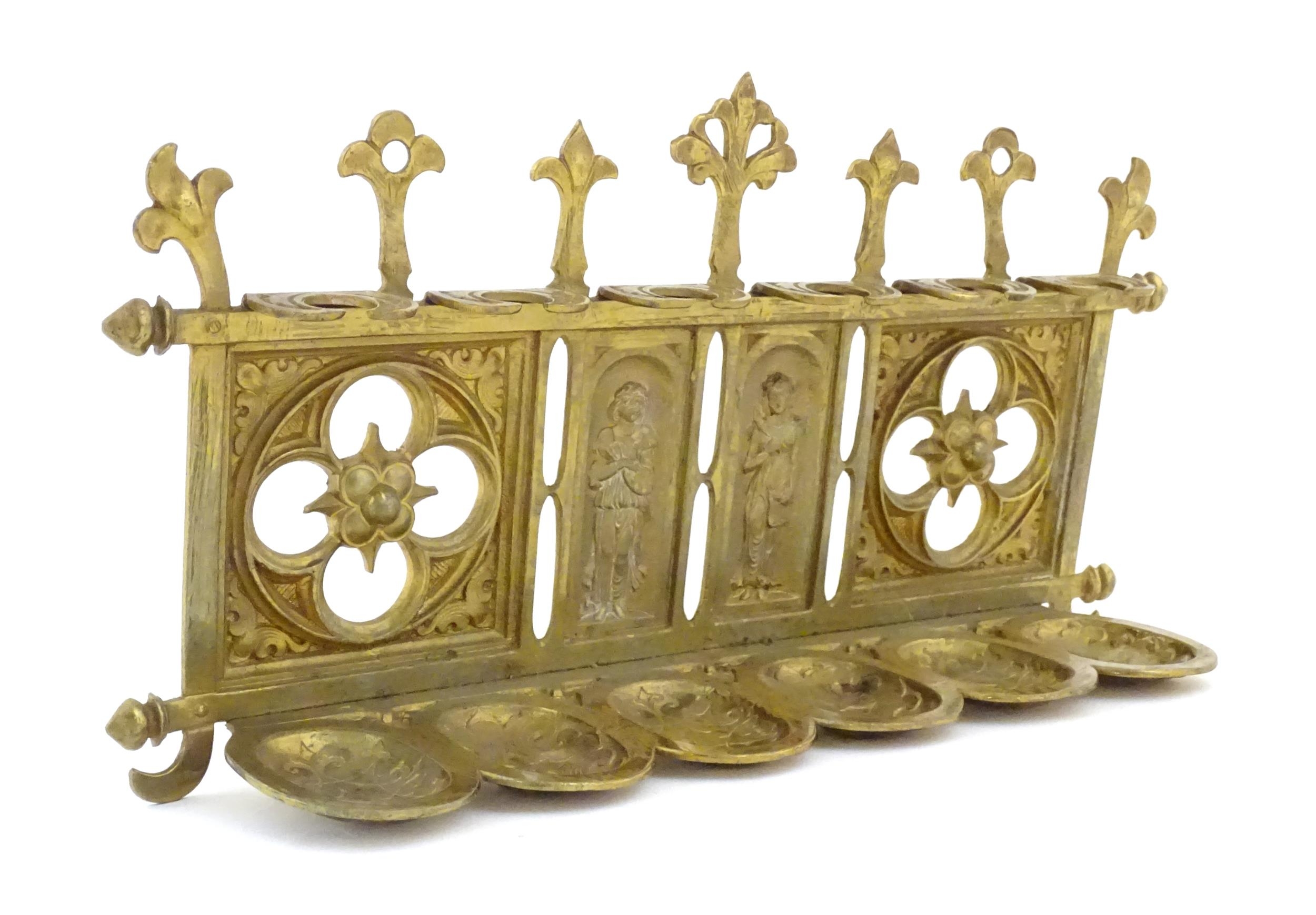 An early 20thC cast brass pipe rack with provision for 6 pipes with Gothic style decoration, pierced - Image 3 of 7