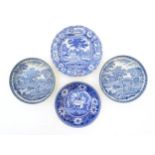 Four 19thC and later blue and white plates / dished saucers with transfer printed decoration two