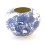 A Chinese blue and white pot decorated with birds, flowers and foliage. Character marks under.