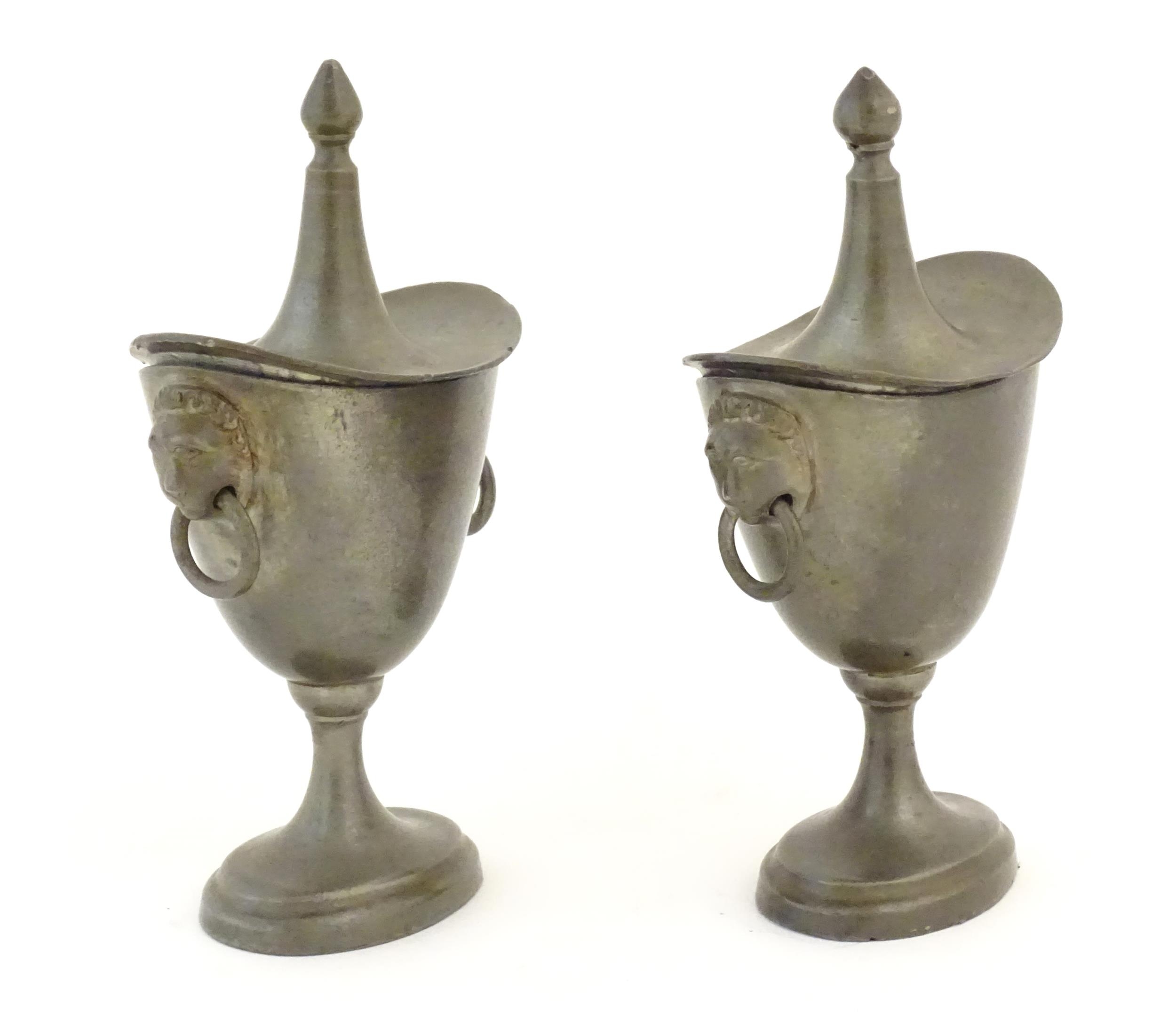 Two 19thC pewter salts modelled as lidded urns with twin lion mask ring handles. Approx. 5" high (2) - Image 5 of 7