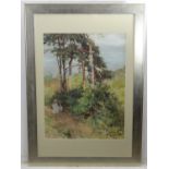 20th century, Watercolour, A landscape with trees, and children walking down a sandy path. Approx.