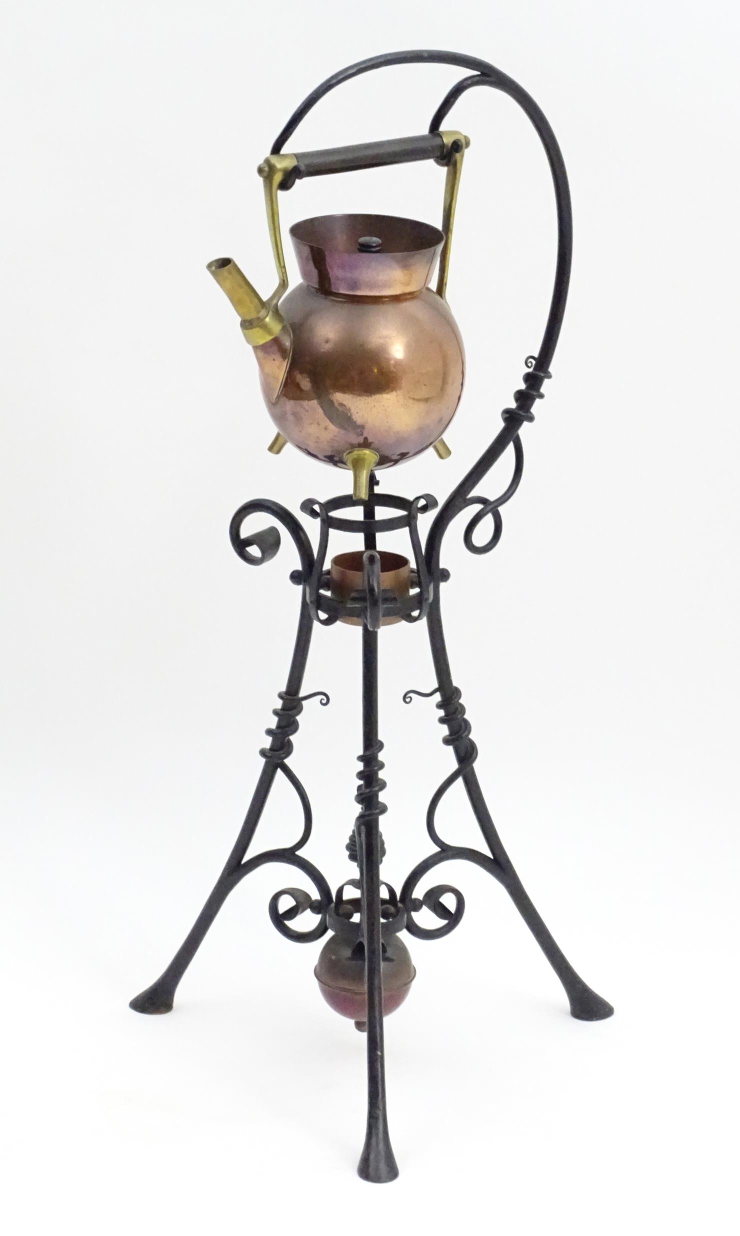 An Arts & Crafts copper and brass spirit kettle on a scrolling wrought iron stand designed by Dr - Image 5 of 20