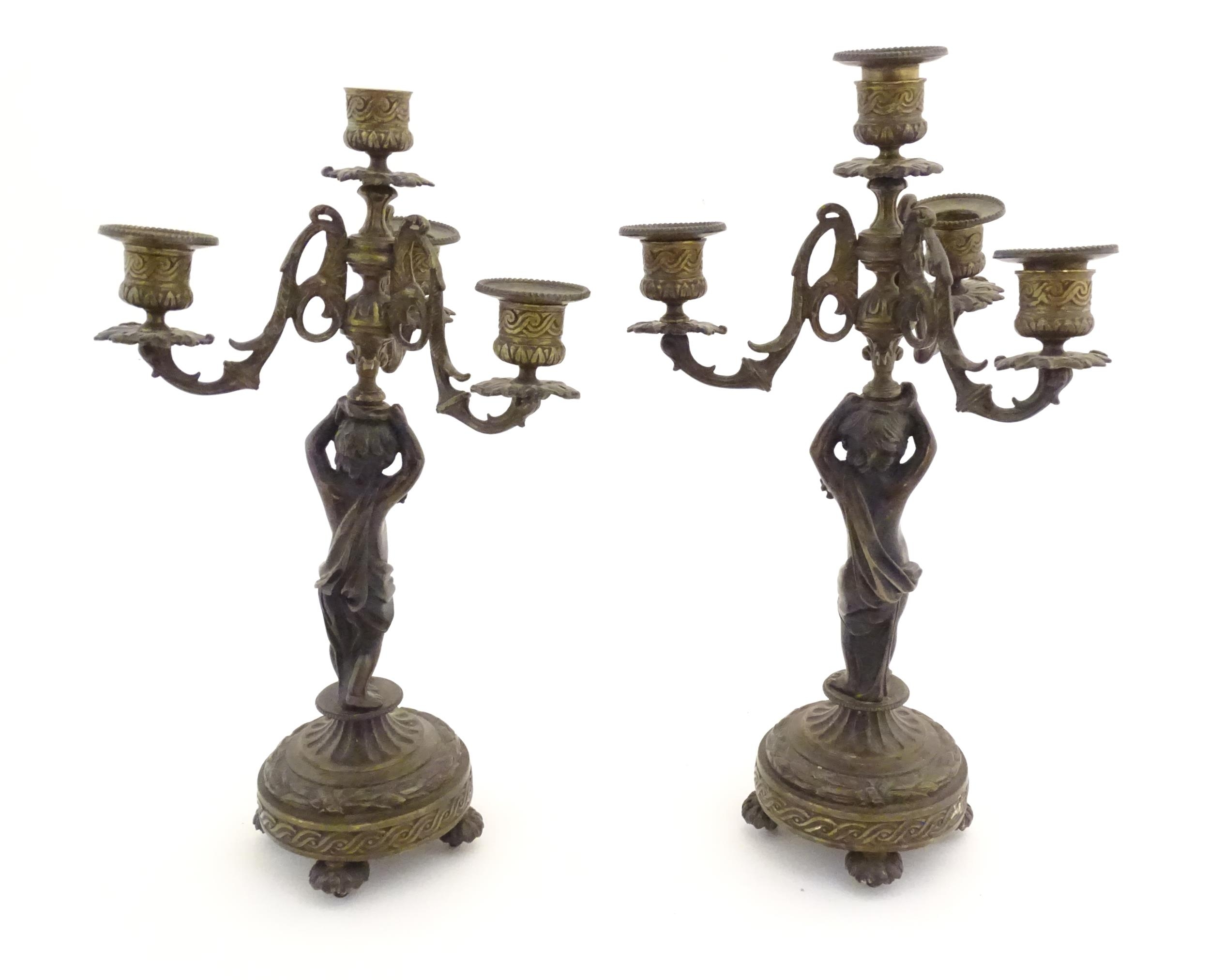 Two 19thC cast metal table candelabra / candelabrum the central bronze columns form as cherubs - Image 8 of 12