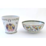 A Chinese bowl decorated with birds and flowers. Together with a Chinese planter / jardiniere of