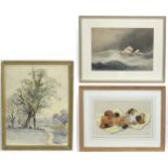 Three assorted watercolours to include six puppies sleeping on cushions, by Chloe Preston, a sail