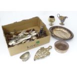 Assorted metal ware to include a quantity of silver plated wares comprising grape shears, salt,