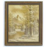 A 20thC oil on canvas depicting a winter mountain landscape with a wooded river, signed Antonio