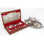 Assorted silver plated wares comprising a 3-piece tea set, silver tray of oval form and a quantity