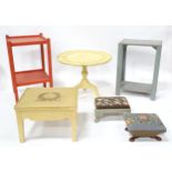 Assorted painted furniture to include 4 tables and 2 stools. Largest approx 28" high x 16 1/4"