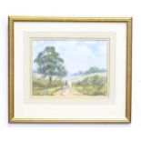 A pastel landscape by Peter Coombs titled Wrest Park depicting a figure and dog walking in parkland.