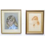 Two pastel portraits of young girls, one in sanguine chalk signed Calvez, the other signed VM