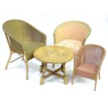 Assorted mid 20thC furniture, comprising three Lloyd Loom style chairs and a circular coffee