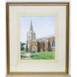 A watercolour depicting St Mary the Virgin church in Finedon, Northamptonshire, by Alan York. Signed