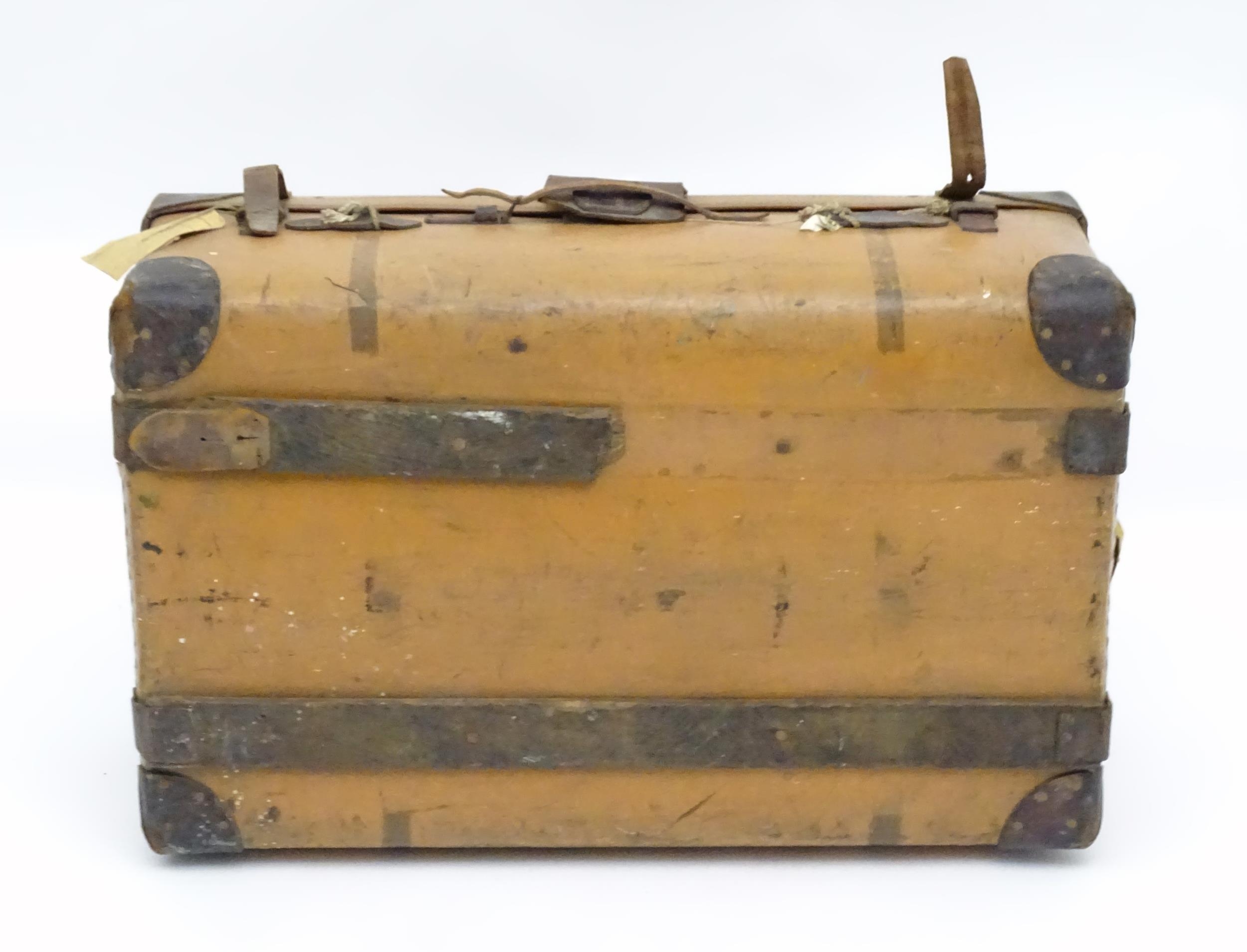 An early to mid 20thC canvas and leather travelling trunk / suitcase, in tan finish with partial - Image 7 of 20