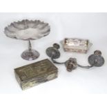 Assorted silver plated items together with a Japanese cigarette box with scene to top depicting