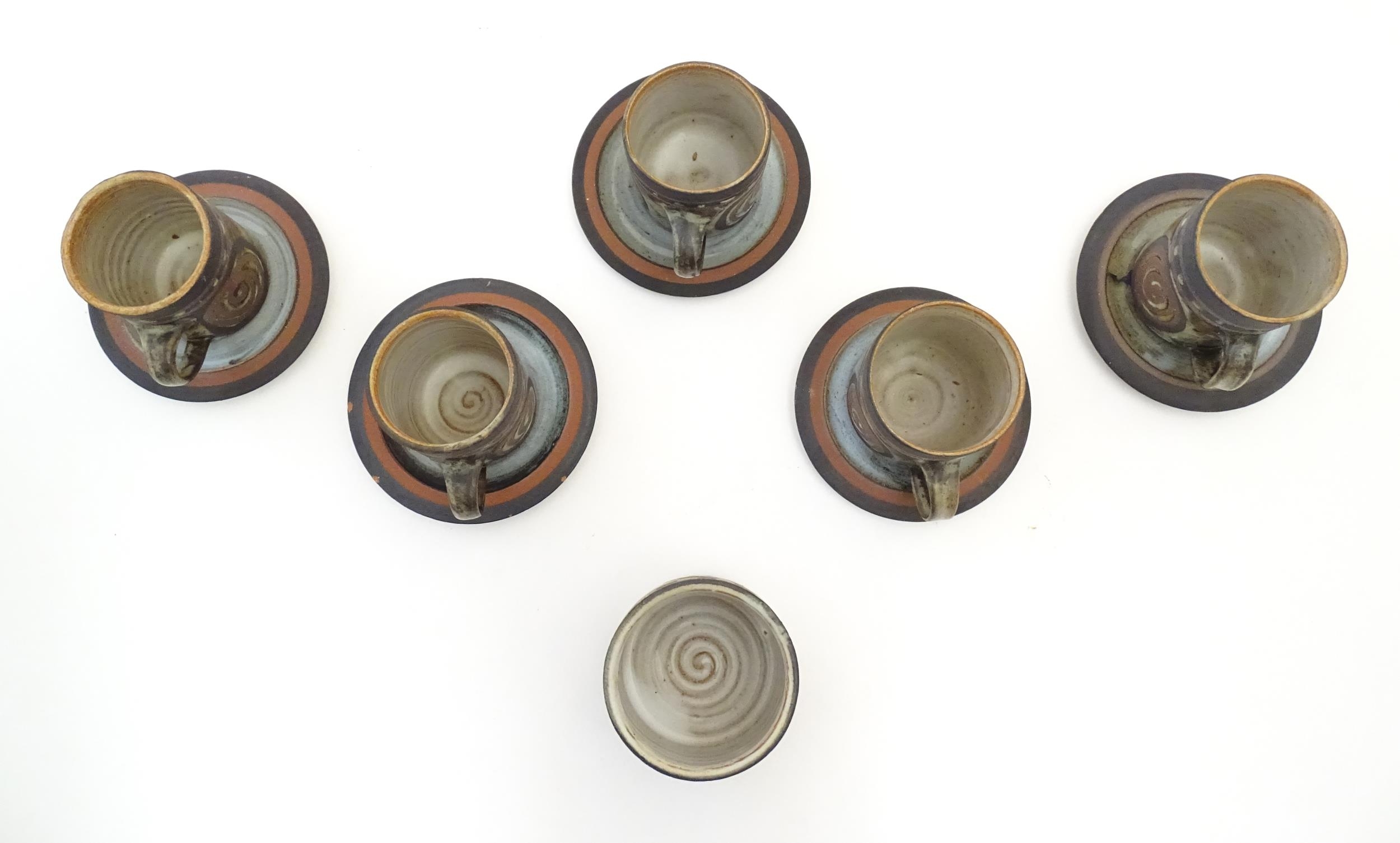 Five Briglin studio pottery coffee cups and saucers, together with a sugar bowl. Cups approx. 3" - Image 10 of 21