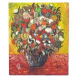 Indistinctly signed, 20th century, Oil on canvas, A still life with flowers in a vase. Signed