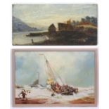 19th century, English School, Oil on panel, A coastal inlet with a moored fishing boat and buildings