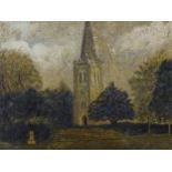 An early 20thC oil on card depicting a church with spire. Approx. 19 1/2" x 14 1/2" Please Note - we