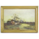 Early 20th century, English School, Oil on canvas, A landscape scene with thatched cottages by a