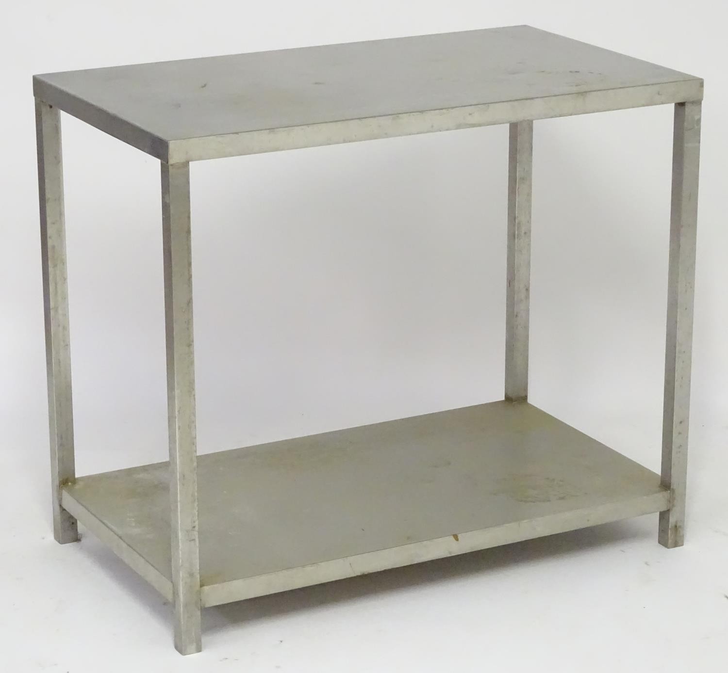 Vintage retro, mid-century: a stainless steel kitchen prep table, with shelf under, 34" wide, 19 3/