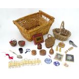 Assorted miscellaneous items to include various wicker baskets, treen pots etc, wooden pegs, a