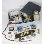 A quantity of assorted buttons together with buckles, sewing items, lace patterns etc Please