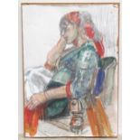 A pencil and watercolour portrait on paper depicting a seated woman wearing drop earrings and a