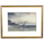 Edward Tucker Snr, 19th century, Marine School, Watercolour, A ship in rough seas with figures in