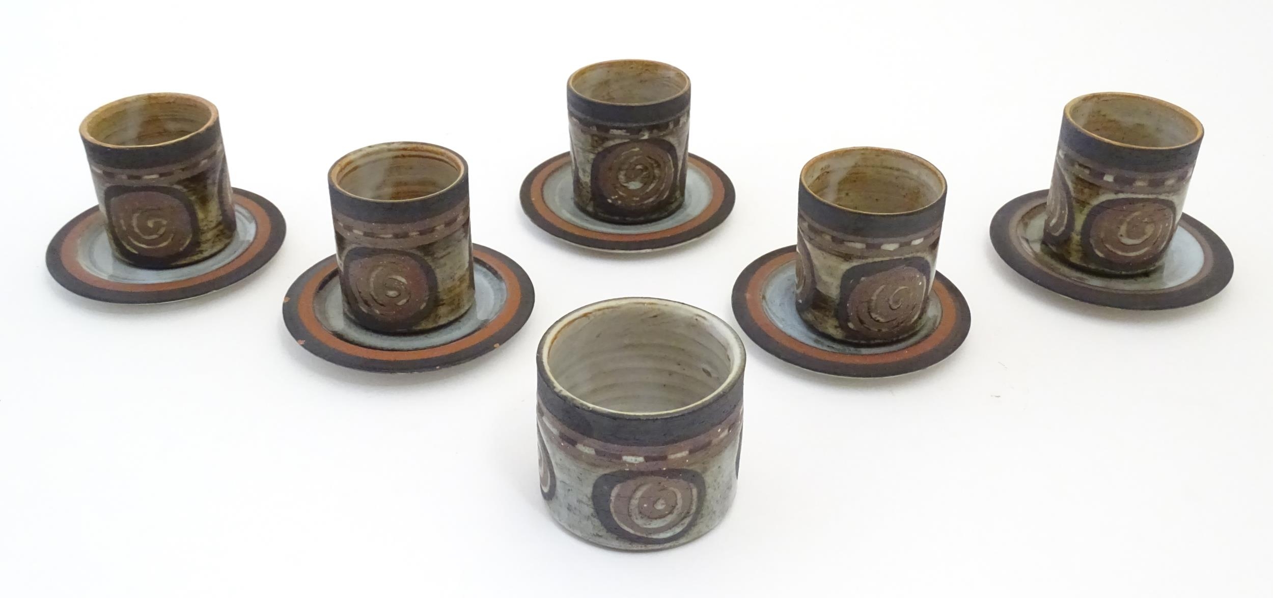 Five Briglin studio pottery coffee cups and saucers, together with a sugar bowl. Cups approx. 3" - Image 7 of 21
