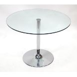 A circular glass top table with a chromed metal base. Approx. 40" diameter Please Note - we do not