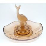 An Art Deco glass centrepiece with glass bowl, flower holder and central fish / dolphin . In the